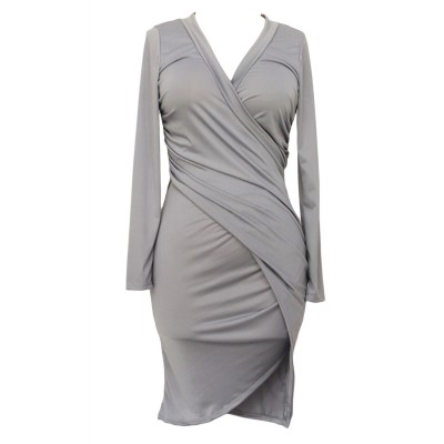 'Sodraya' Grey draped bodycon dress with long sleeves